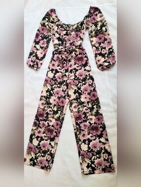 NWOT!Gorgeous Floral Print Women's Long Sleeve Smocked Wide Leg Boho Jumpsuit XS